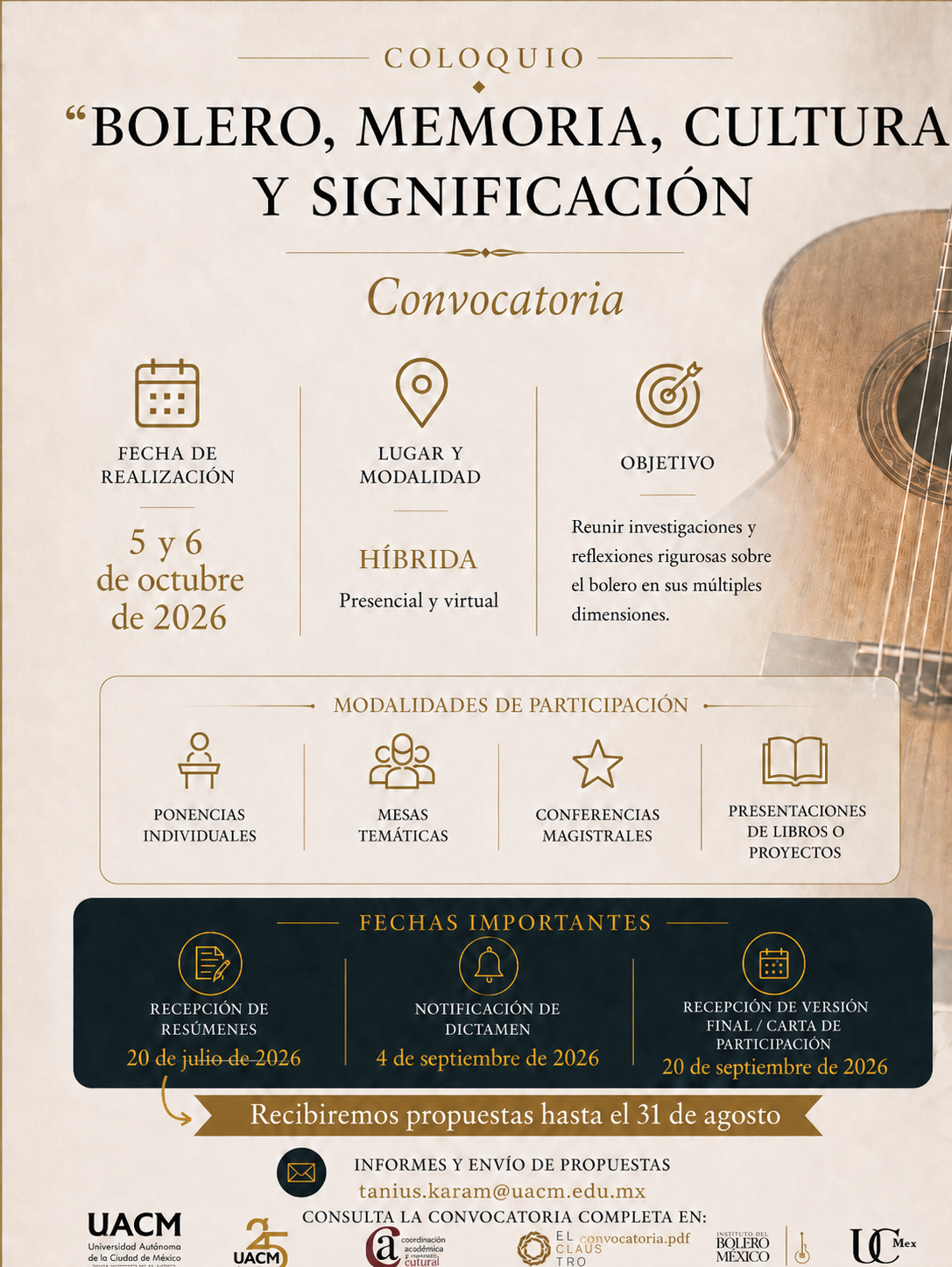 Convocatoria Coloquio Bolero, Memoria, Cultura y Significación